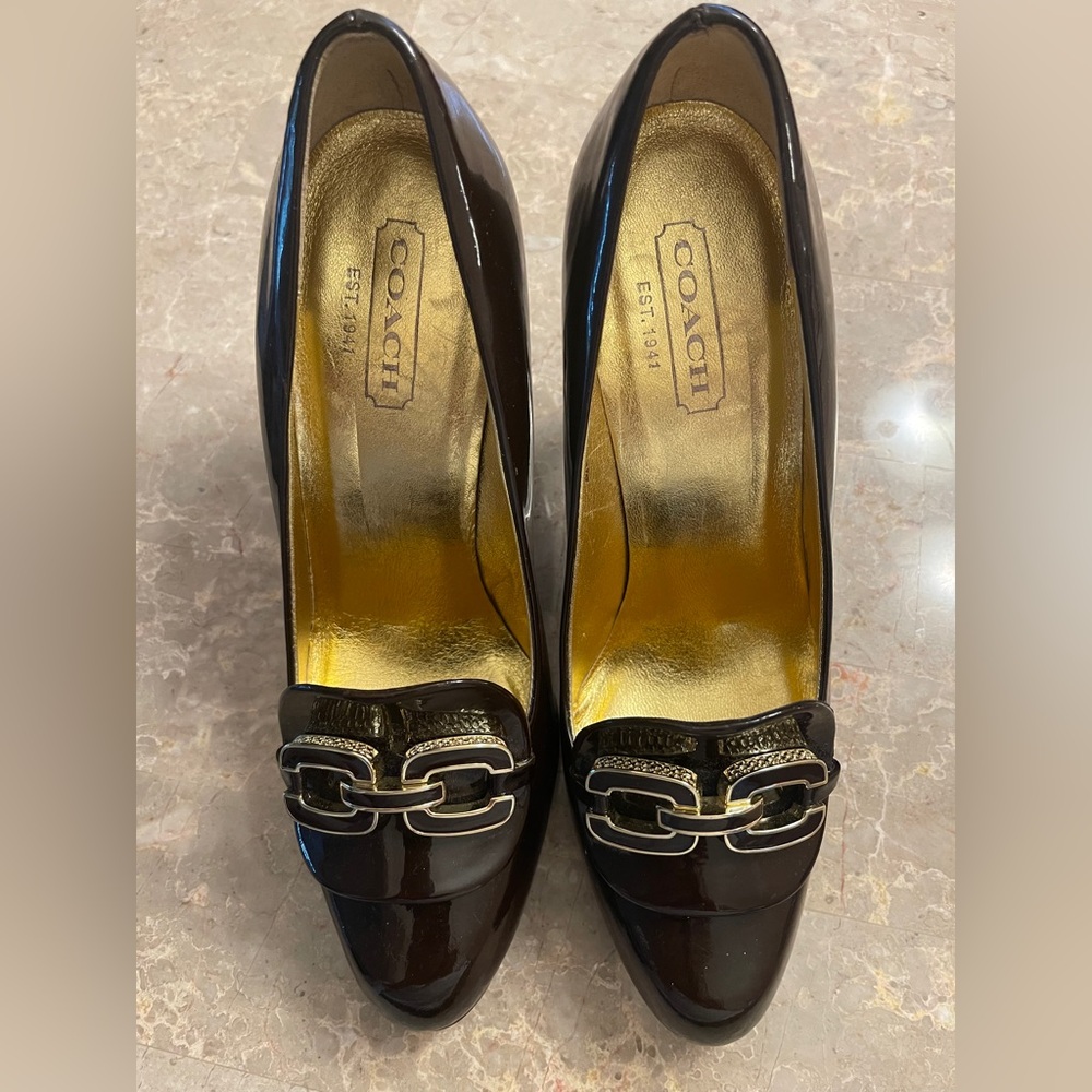 Coach Black Leather Heels with Metallic Hardware